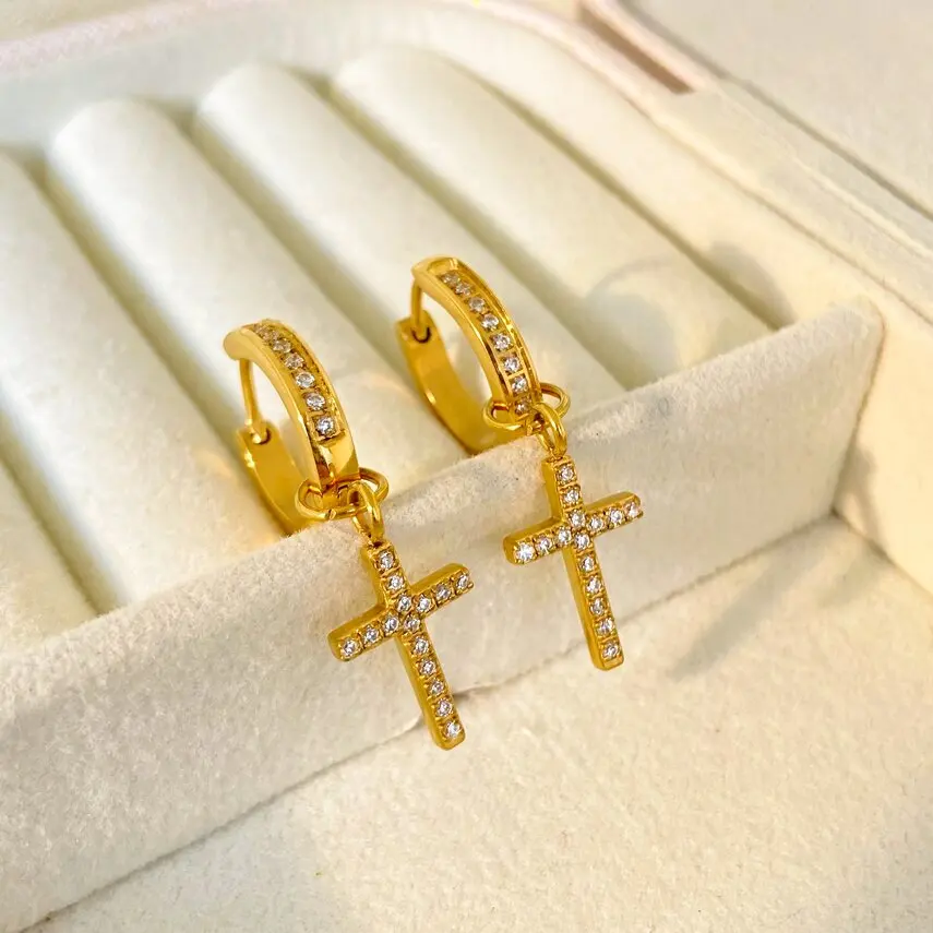 

Luxury stainless steel 18k gold-plated earrings joyas de acero inoxidable Geometric Cross Diamond Pendant Huggies Hoop Earrings