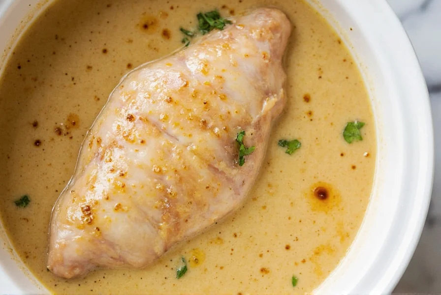 Chicken pieces submerged in creamy buttermilk marinade in glass bowl