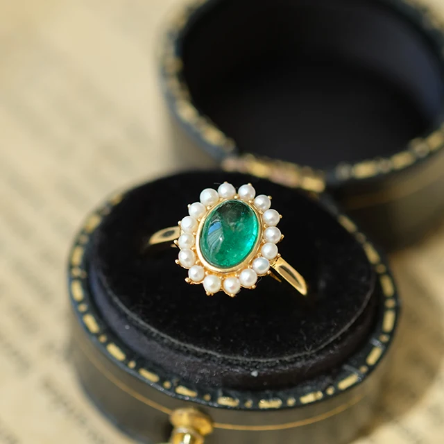 
Vintage Oval Emerald Ring Fresh Water Pearl Halo Ring In 14K Yellow Gold 