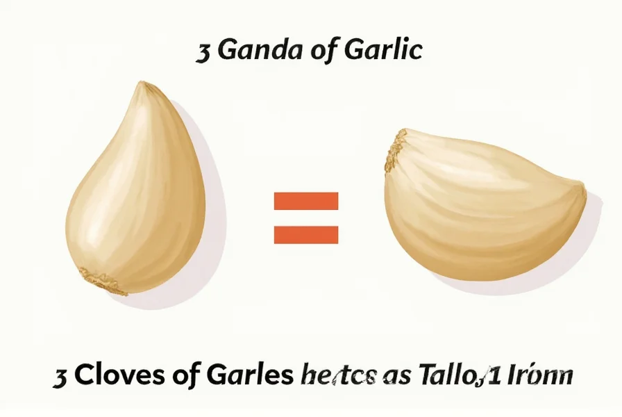 Three medium garlic cloves next to measuring spoons showing 1.5 tablespoons of minced garlic