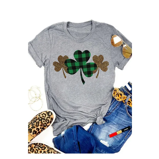 

Wholesale Fashion Custom Women Plaid Leopard Printed Lucky Shamrock Tee Short Sleeve Tops Blouse in Summer, As shown