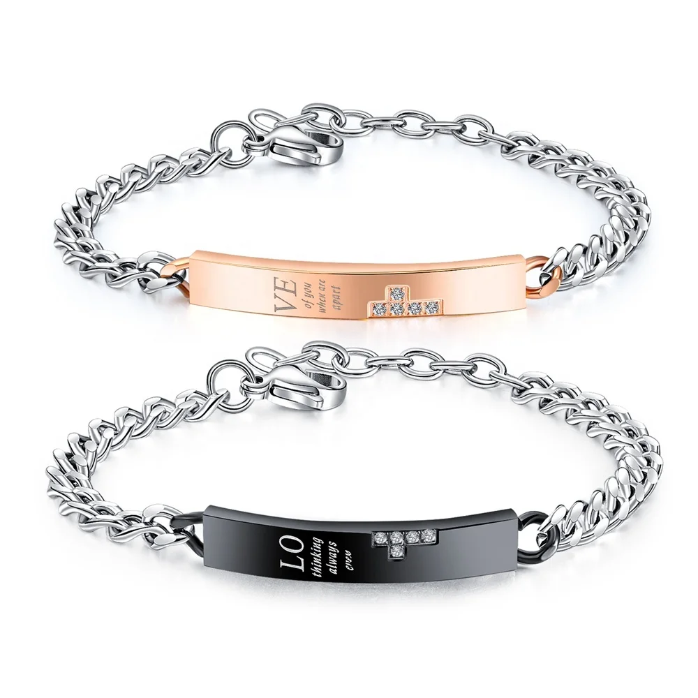 

Custom Engraved Love CZ Couple Stainless Steel Jewelry Parts Lover Bracelet, Rose gold/black