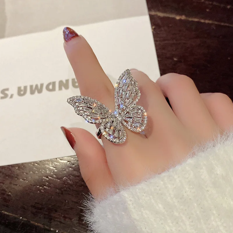 

Luxury Super Fairy Diamond Butterfly Opening Index Finger Ring Female Fashion Shiny Rhinestone Stretch Alloy Adjustable Rings, Silver color