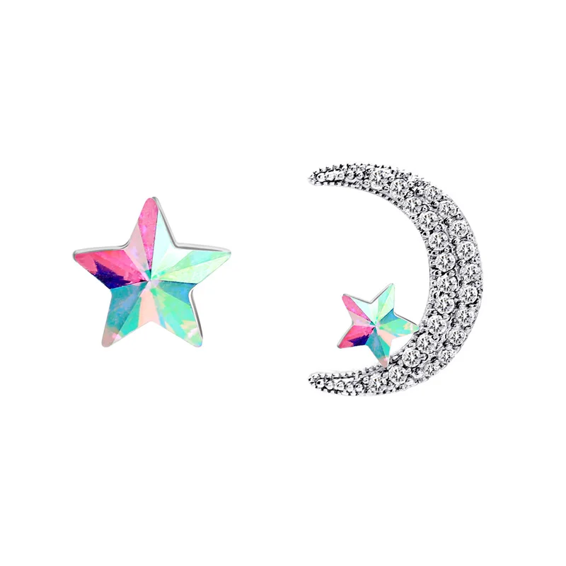 

me0041 Asymmetric Simple Shiny Changeable Color Star Glass Stone Silver Moon Geometric Cubic Zirconia Earrings
