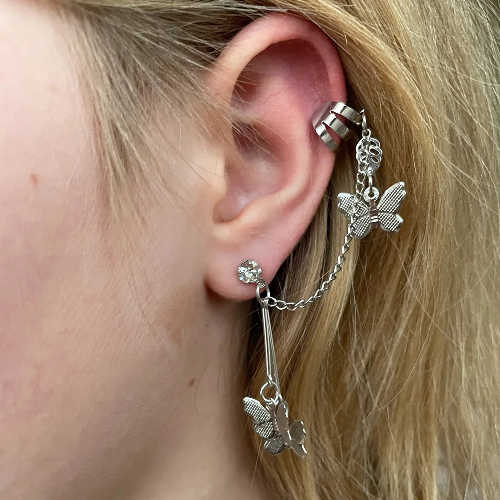 

Popular Vintage Butterfly Pendant Chain Earrings Silver Plated Ear Bone Clip Earrings Hot Selling Jewelry For Women, 1 colors to choose