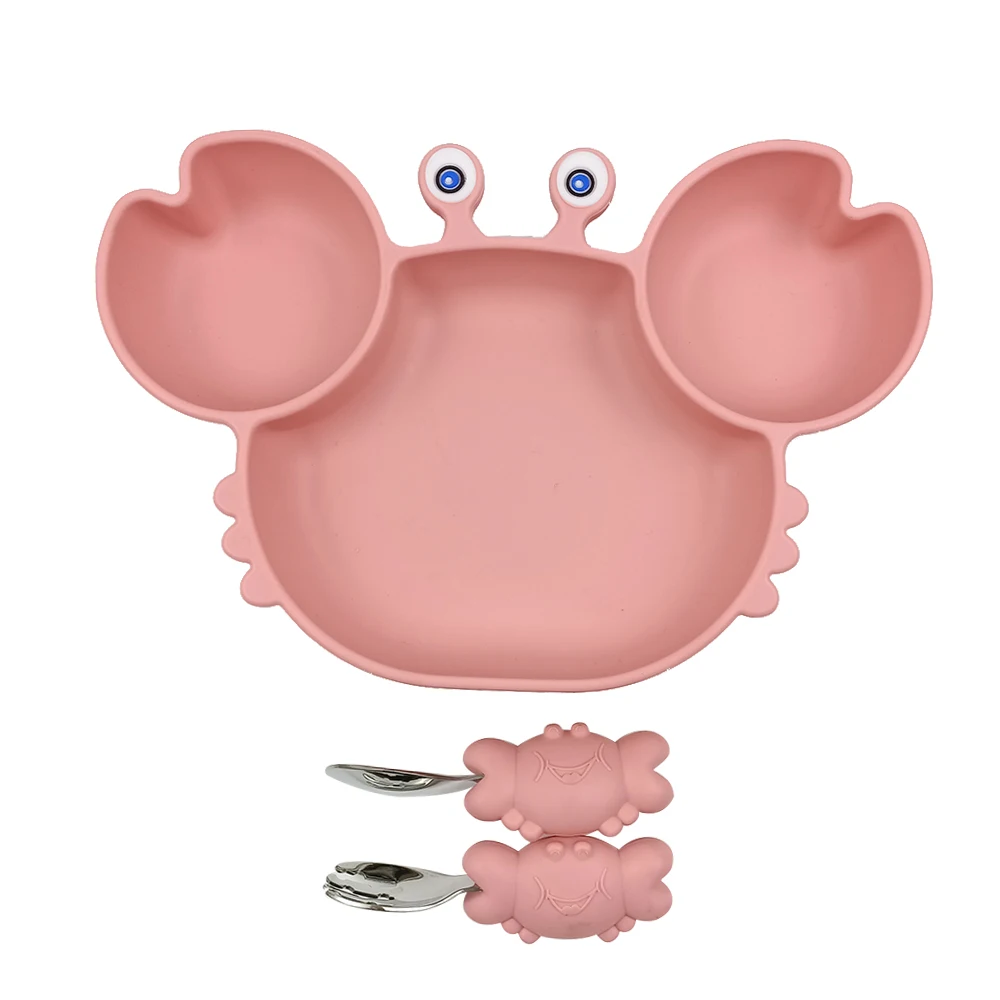 

Silicone Baby Eating Utensil With Suction Divided Plates Eco-friendly Spoon Fork Set for Toddlers Baby Dishes Bowl Set Crab-Pink, Various colors in stock