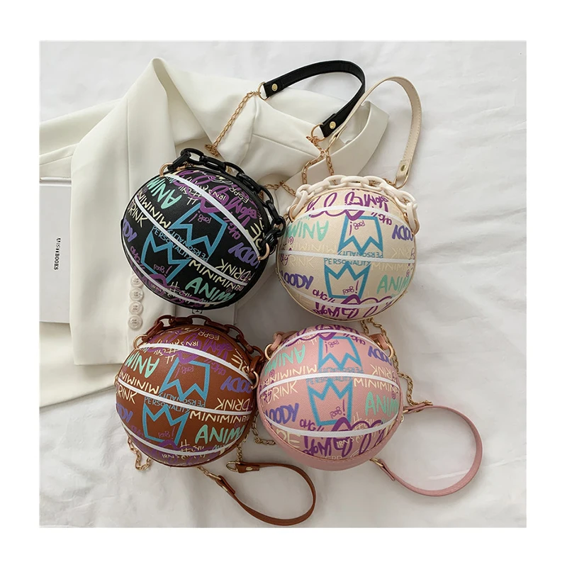 

Personality Basketball Shape designer handbags famous brands Acrylic Chains Graffiti Round Tote Purse 2021 Mini crossbody bags