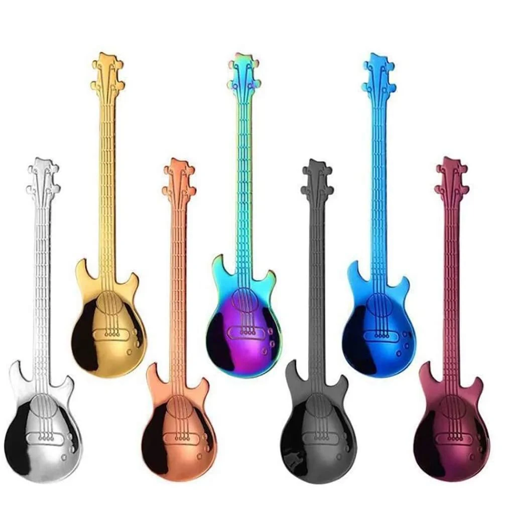 

Creative Metal Stainless Steel 304 Guitar Shaped Tea Coffee Ice Cream Spoon for Honey, Silver,gold,rose gold,black,rainbow,blue purple