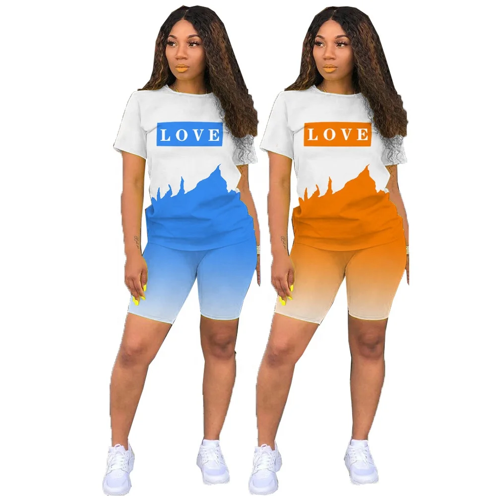 

LW-9166 Colour gradual change short sleeve t shirts and shorts women outfits two piece set clothing, As picture or customized make