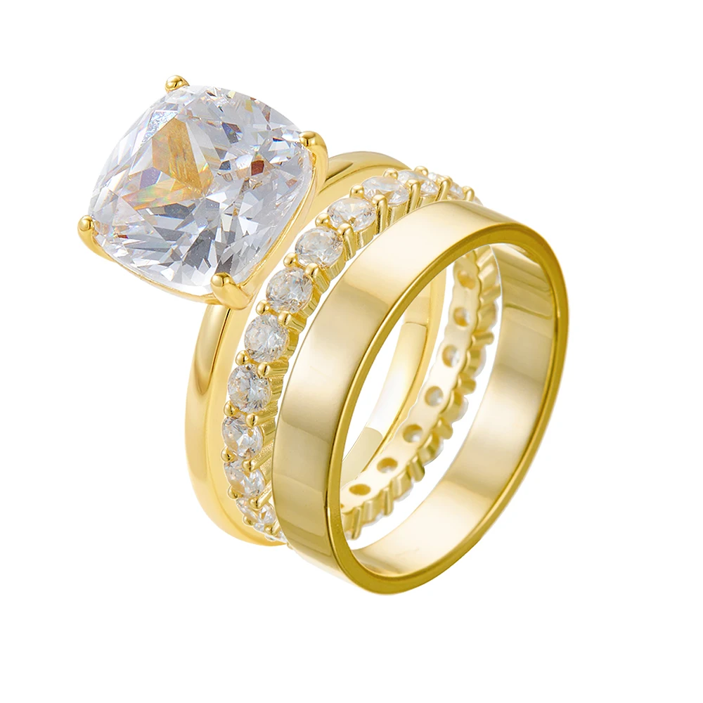 Wholesale Fine Jewelry Rings Set Silver Ring 925 Sterling 14k Gold Plated Big Diamond Zircon Engagement Wedding Rings for Women