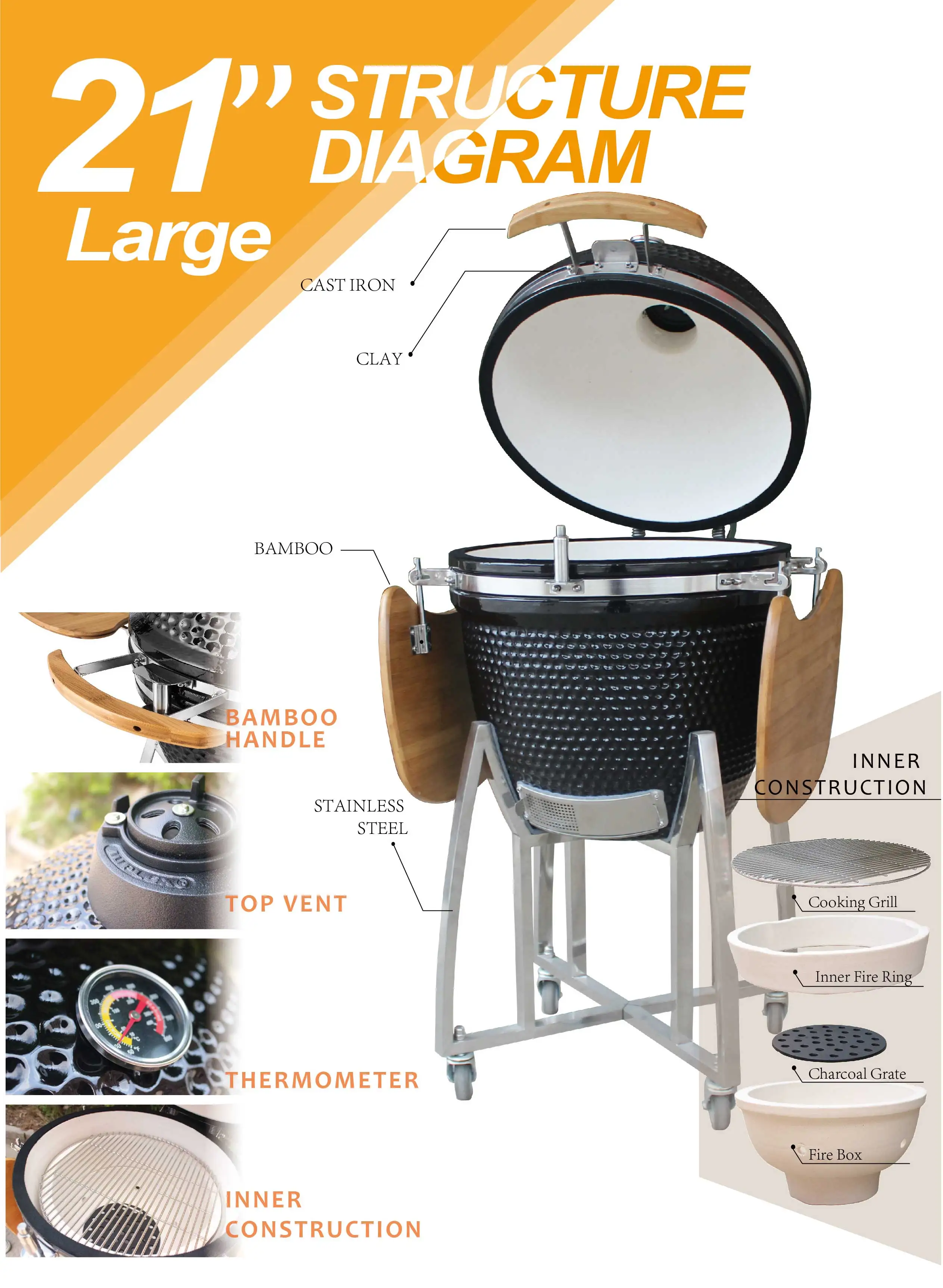 SEB KAMADO Kamado 21Inch Egg Shaped Outdoor Ceramic Grill Asador