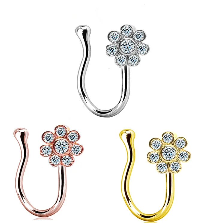 

NR-069 Wholesale Heart Flower U Shape Nose Rings for Women Girls Faux Nose Ring Clear Zircon Non Piercing Nose Cuffs, Gold, rose gold and silver color