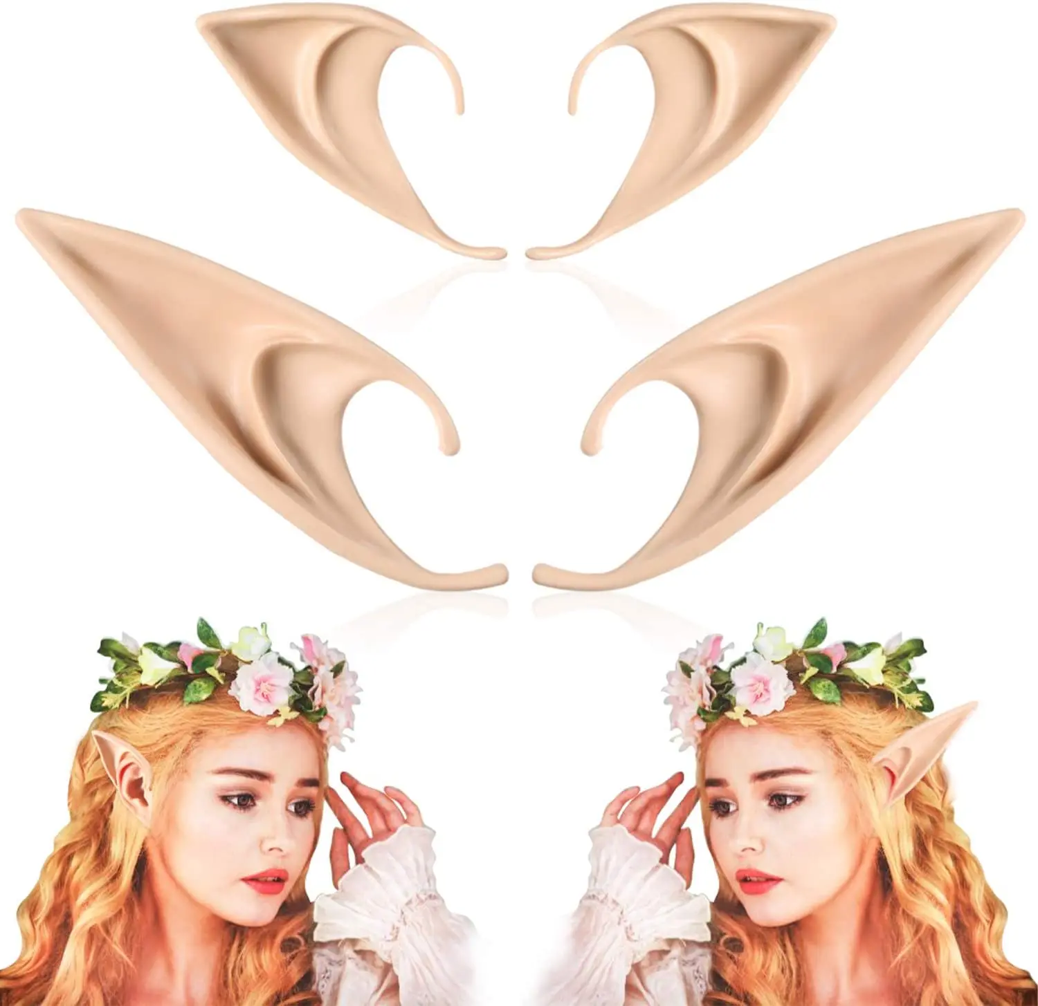 

Cosplay Fairy Pixie Ears Soft Pointed Elven Ear Halloween Party Dress Up Costume Elf Ear Cuff Accessories Earrings, Fleshcolor