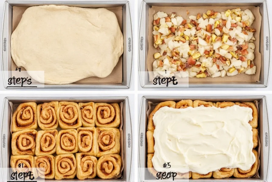 Step-by-step preparation of baked apple cinnamon rolls showing dough rolling, apple filling distribution, and final baked product with cream cheese icing