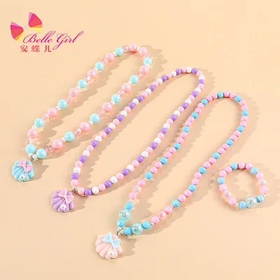 

BELLEWORLD colorful pearl and shell beaded girl necklace bracelet Resin pendant + acrylic bead color children's jewelry, Shown