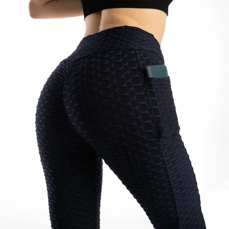 

Women Workout Yoga Pants Gym Butt Lift Honeycomb Textured Tik Tok Leggings With Pockets