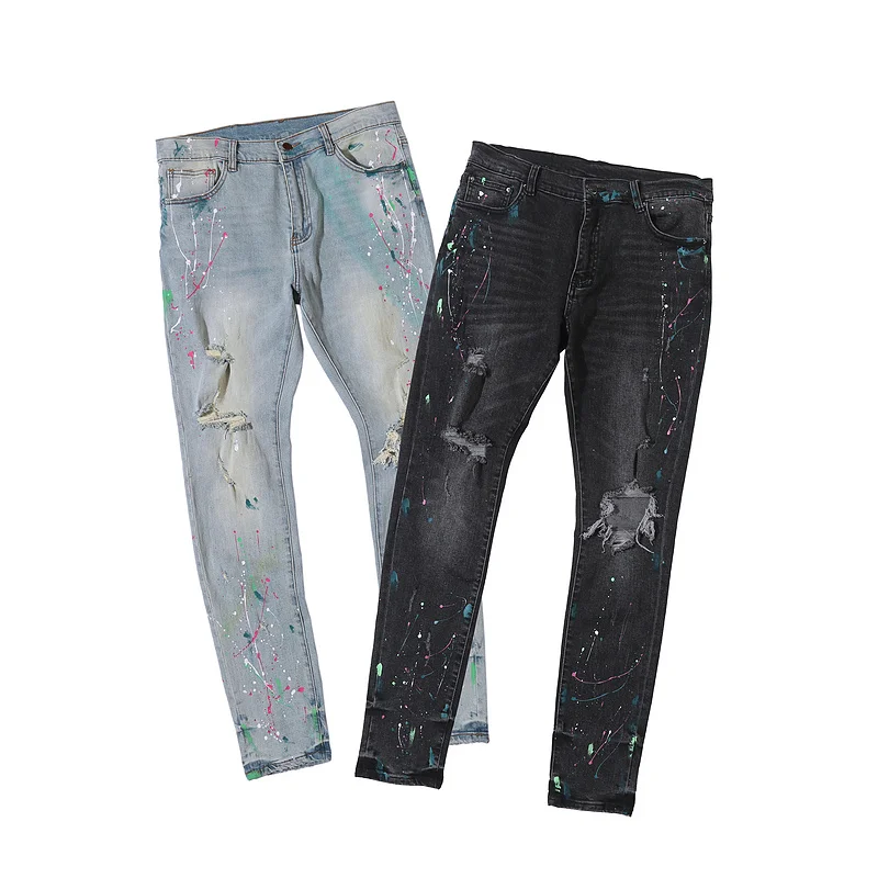 

OEM wholesale new model jeans men skinny ripped blue denim Splash-ink painting track jeans men denim