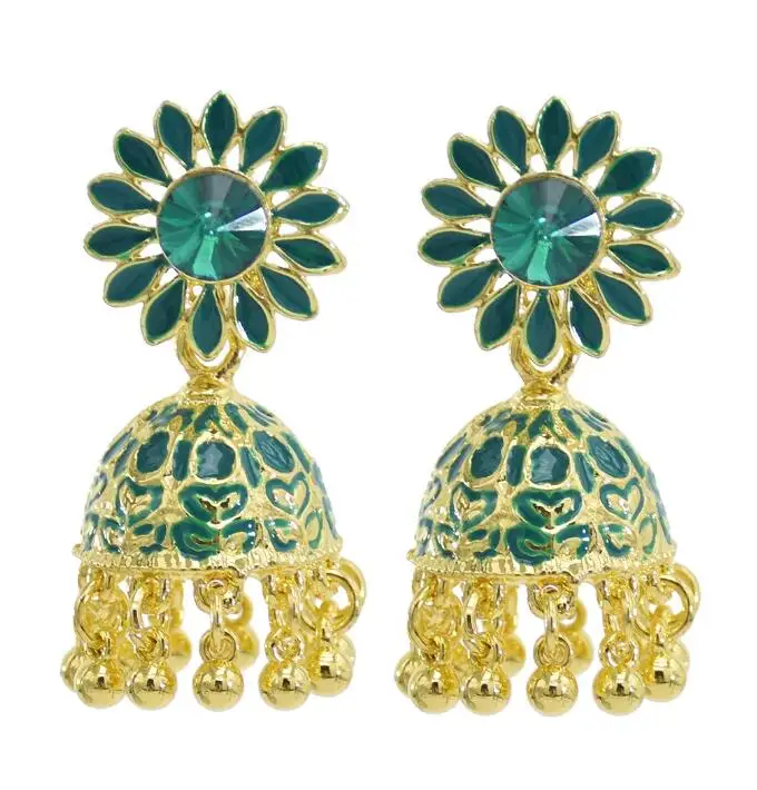 

Indian Jhumka Earrings for Women Gold Metal Sunflower Crystal Bells Tassel Earring Party Jewelry Gift