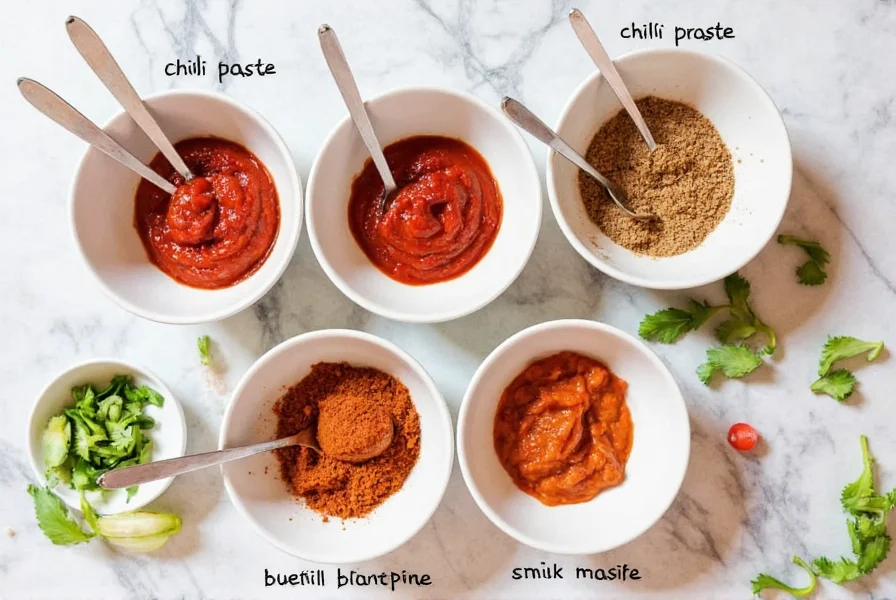 Five different chili paste substitutes arranged in small bowls with measuring spoons and fresh ingredients