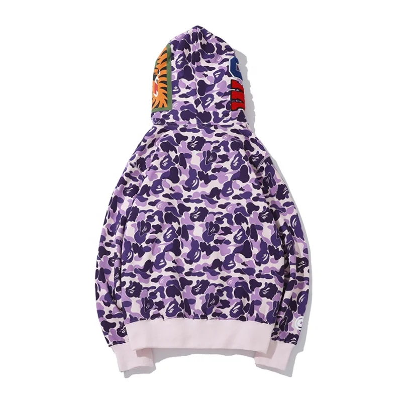 

Wholesale Price Fashion Shark New type Bape Hooded hoodie in purple camouflageMen Bape Sweatshirt With Zipper, As picture show