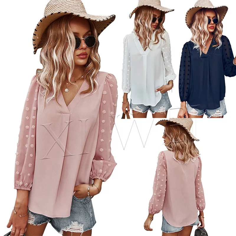 

Women's spring and summer long sleeves V neck chiffon embroidery leisure vacation style shirt T-shirt