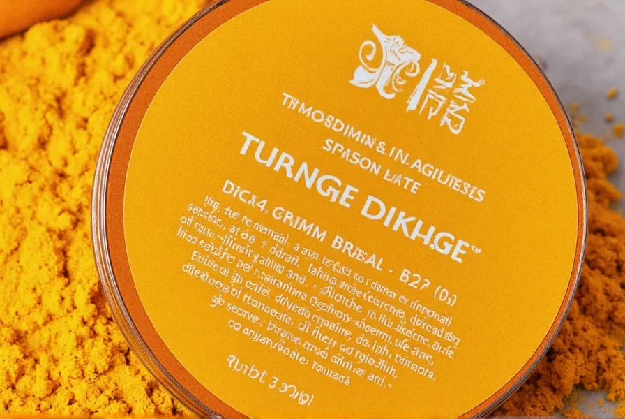 Close-up of turmeric powder container showing ingredient list and expiration date