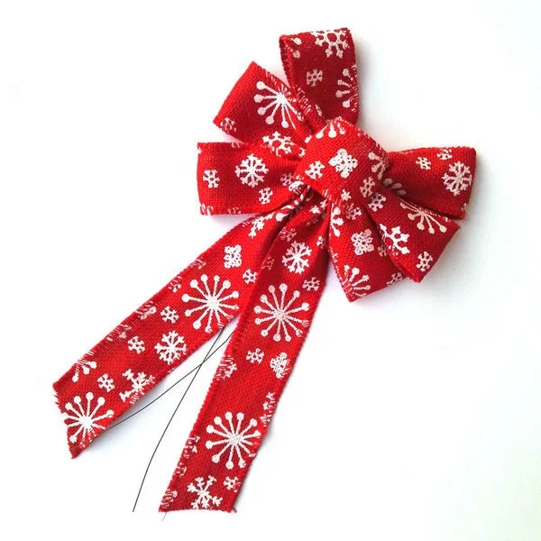 

Wired Edge Trim Pretied Christmas Tree Wreath Garland Decorating Red Snowflake imprint Jute Ribbon Bow Tie 10" X 18", Red;or other colors are available
