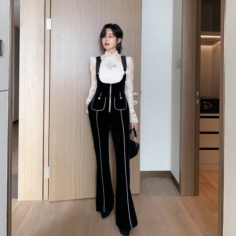 

ZYHT 3652 Trending 2022 High Waist Black Velvet Suspender Wide Leg Women's Pants & Trousers