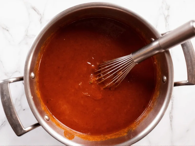 Whisking homemade BBQ sauce ingredients in copper pot for smooth consistency