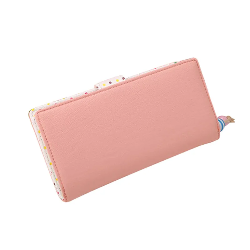 

Small Beads Ornaments Cute Polka Dots Inner Two-fold Buckle Zipper PU Leather Long Wallet Clutch Coin Purse