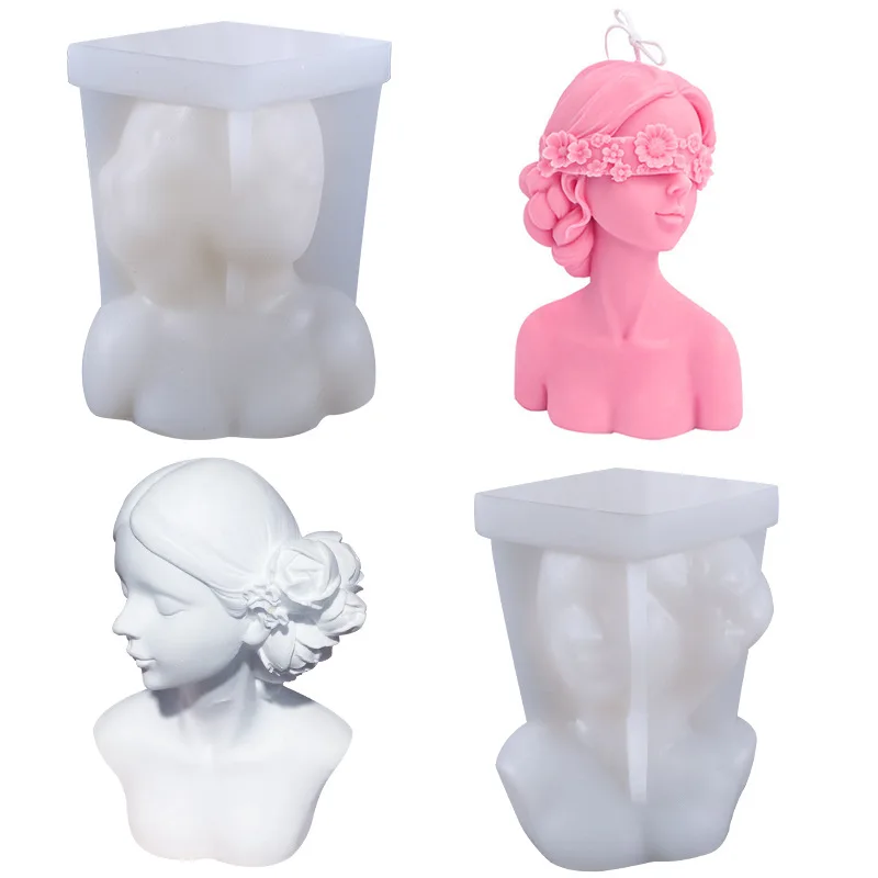 

1328 New slimming version closed eyes girl aromatherapy gypsum rose flower blindfolded beauty candle silicone mold, White transparent