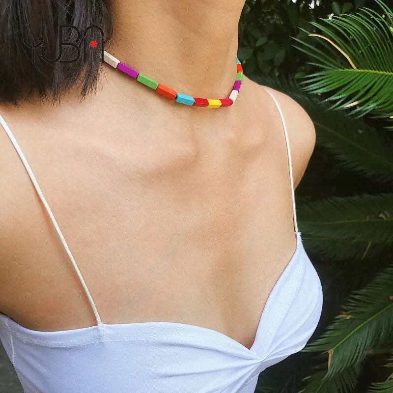 

2020 New Style Colorful Rainbow Enamel Tila Necklace Enameled Tile Bead Choker Necklace for Women
