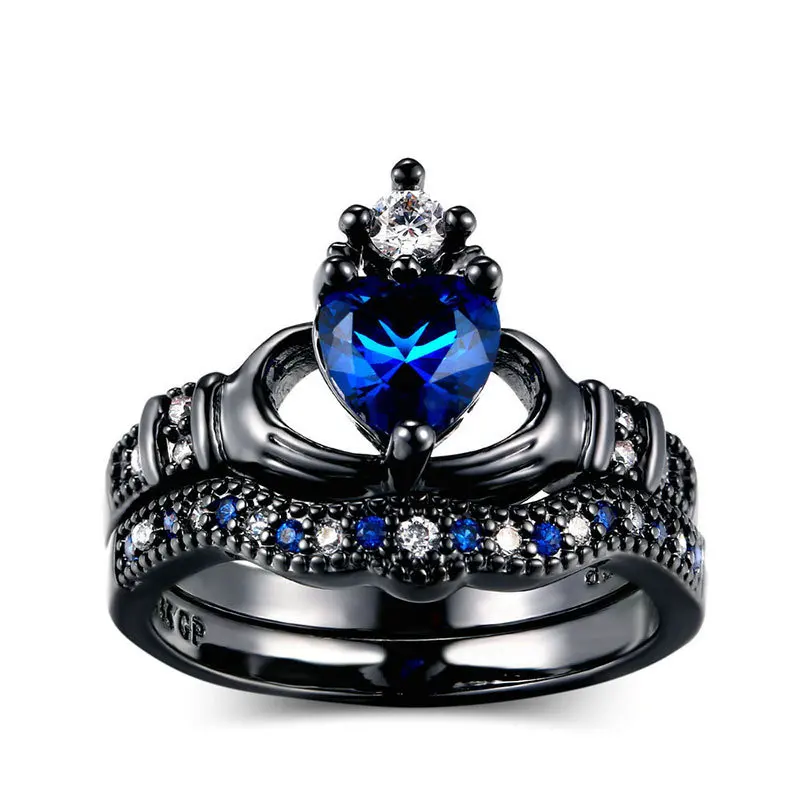 

Double-layer sapphire heart-shaped crown ring fashion black Gold Jewelry Couple Diamond Rings, Picture