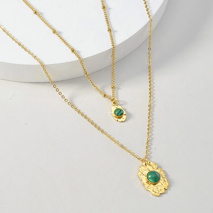 

BN1559 New Trendy Delicate Double Layered Necklace Short Chain 14k Gold Layering Square Shape Turquoise Pendant Necklaces