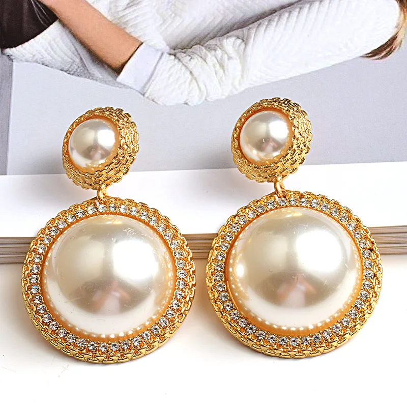 

European and American fashion drop earrings women diamonds large round pearls gold silver female accessories wholesale earring