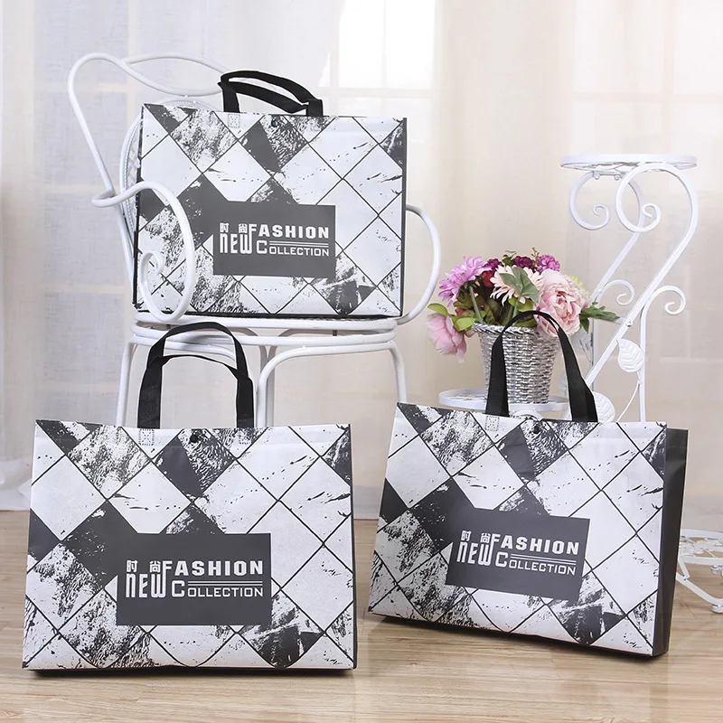 

Manufacturer Cheap Price eco friendly recyclable gift pp woven tote large shopping bag pp Fabric Handle Bag with logo custom, Black and white