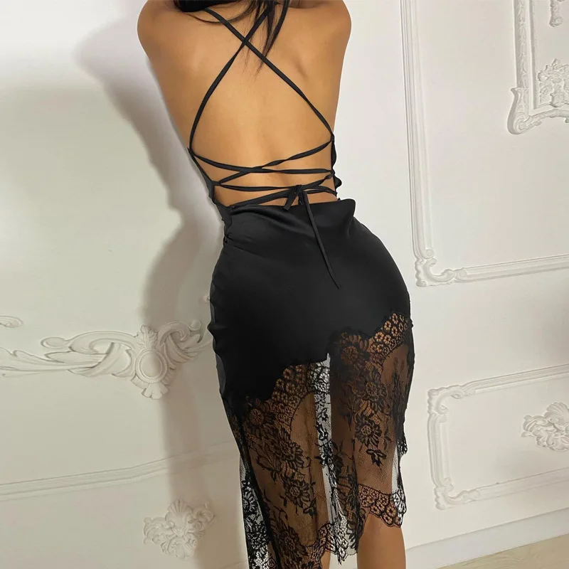 

2021 sexy white high stretch satin dress lace stitching midi halter sling dress