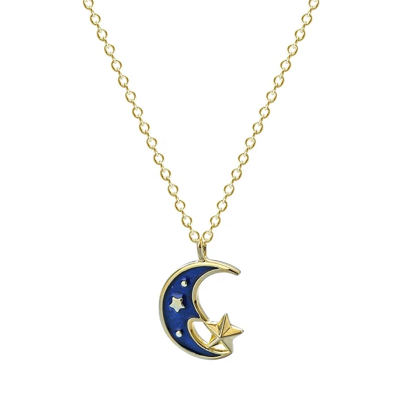 

A1797 s925 silver personality star moon blue galaxy starry necklace for girls