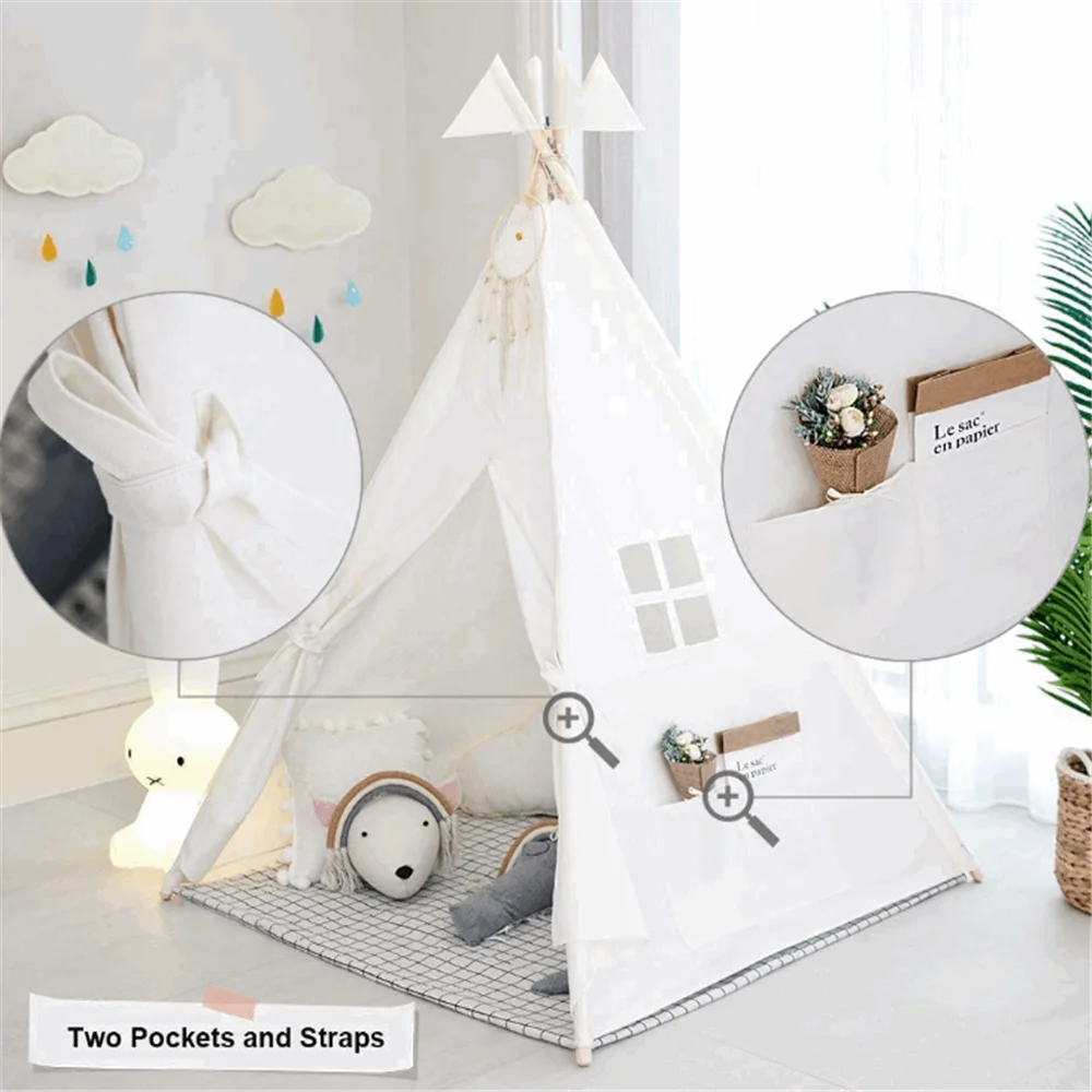 Classic foldable white cotton canvasiIndoor or outdoor indian play tent wood home decor best selling kids indoor tent