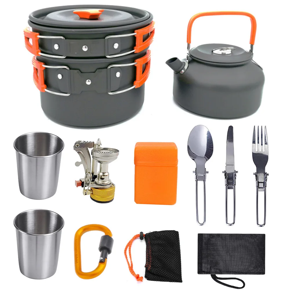 

Outdoor camping hiking 2-3 Person portable cooker combination teapot kettle and pot stove tableware set Mess Kit