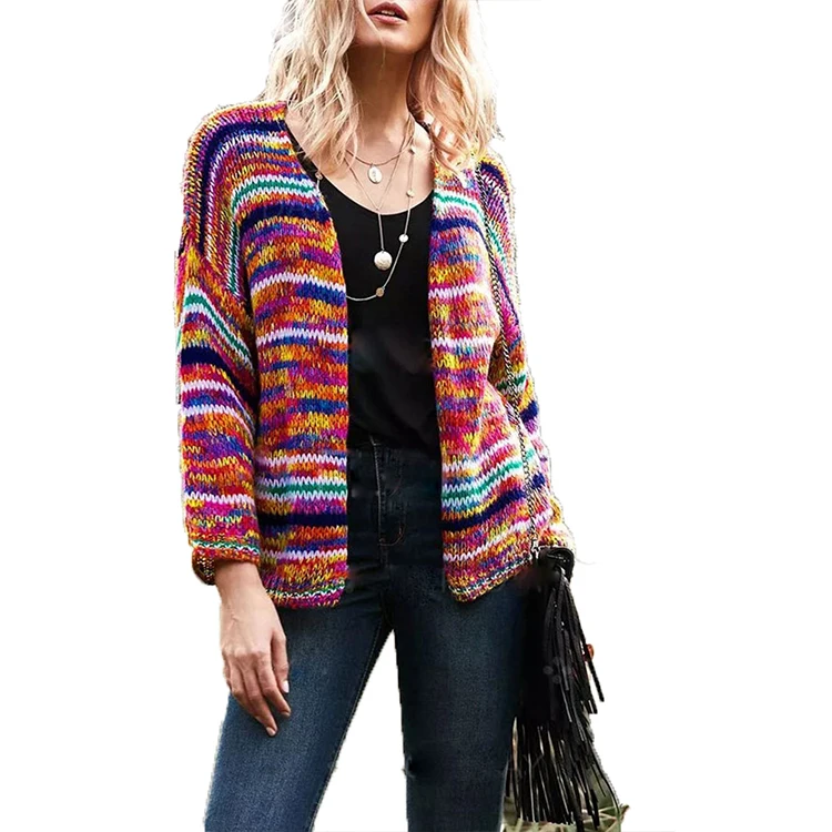 

In stock long sleeve stripe Multi-colored knitted hot sale fashion cardigan sweater coat middle-aged womens high quality