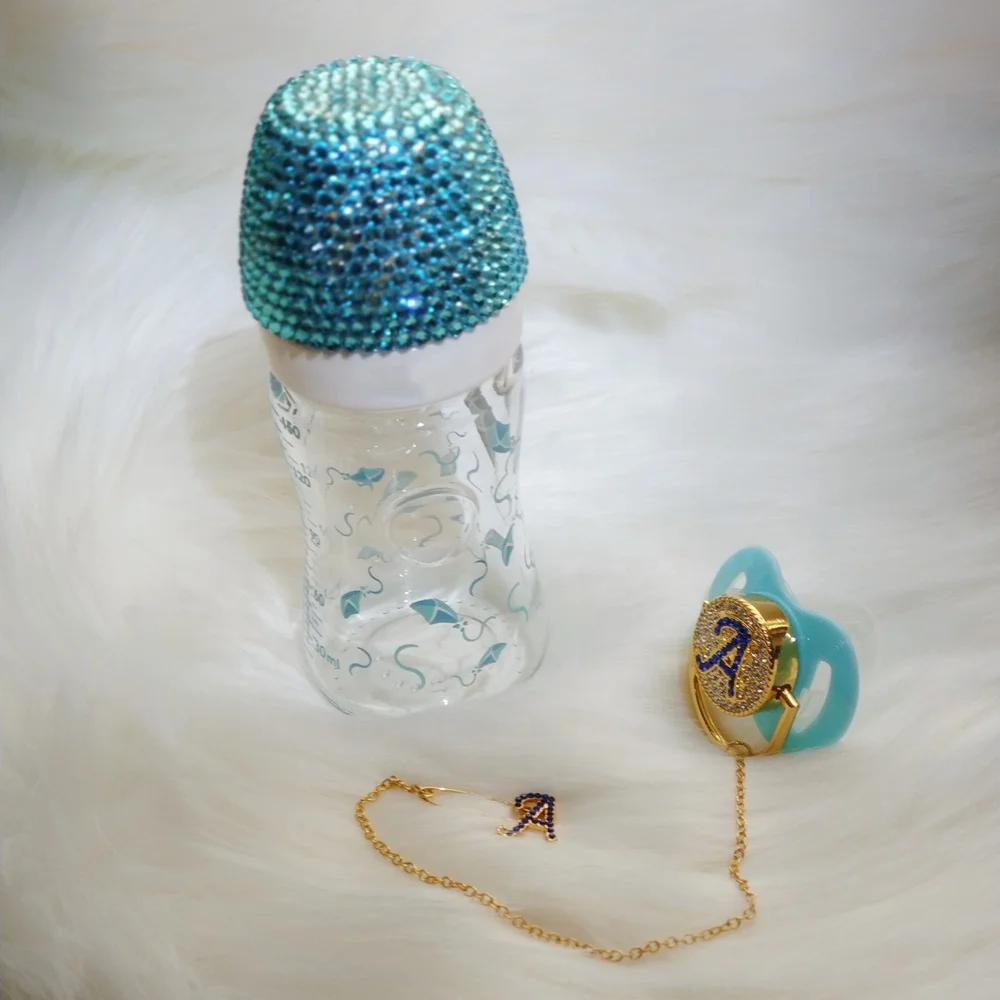 Boutique Customized Logo Blue Crystal Glitter Newborn Baby Milk Bottle Holder Storage Newborn Turkey Evil Eye  Baby Pacifier Set