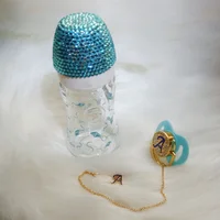 

Boutique Customized Logo Blue Crystal Glitter Newborn Baby Milk Bottle Holder Storage Newborn Turkey Evil Eye Baby Pacifier Set