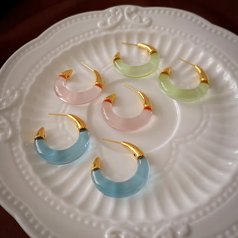 

Vintage 925 Silver Post C Shape Resin Earring 18K Real Gold Plated Clear Acrylic Resin Hoop Earrings For Women