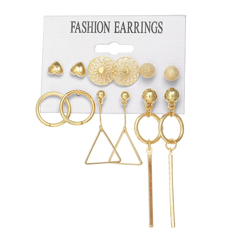 

VKME Gold Metal Stud Earrings Set For Women Fashion Geometric Pearl Triangle Circle Drop Stick Earrings Jewelry