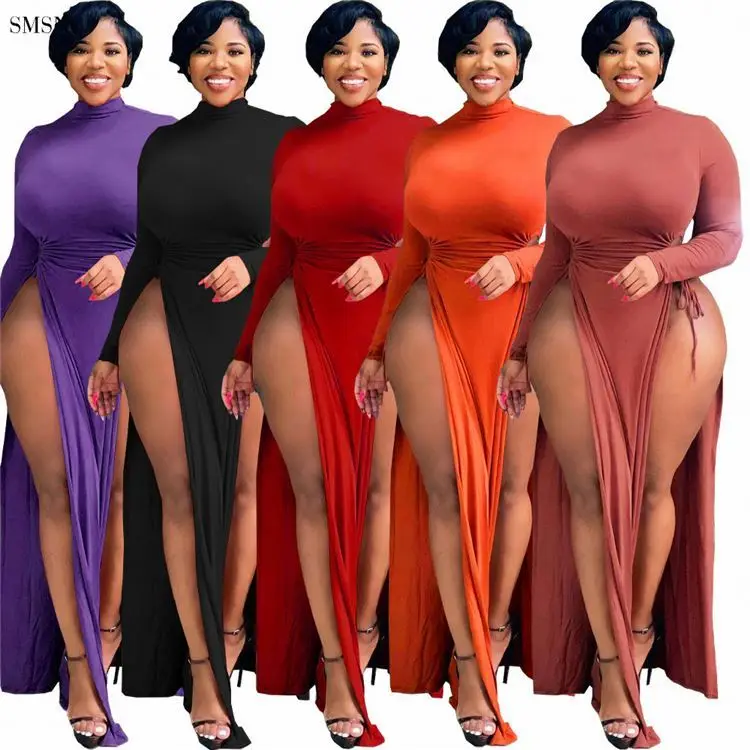 

Hot Selling Solid Color O Neck Long Sleeves Sexy Maxi Dresses Plus Size Women High Slit Dress