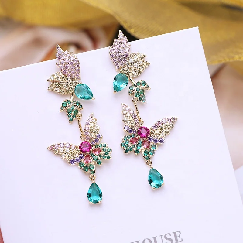 

Fashion Colorful Zircon Butterfly Dangle Drop Earrings for Women Statement Wedding Female Crystal Animal Earrings Jewelry, Customized color