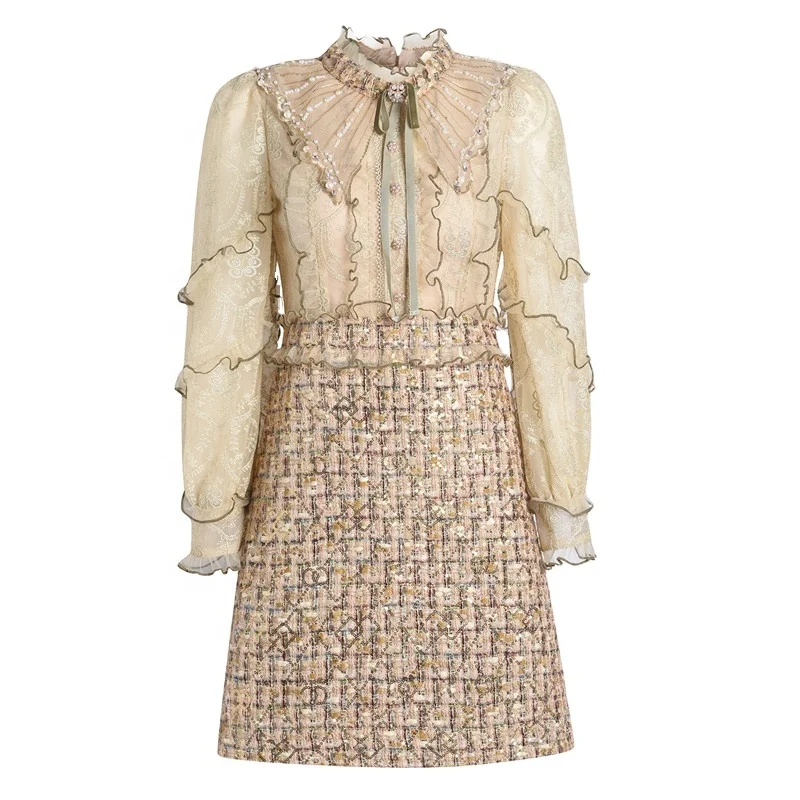 

Spot Sale High-class Tweed Small Fragrant Ladies Dress Small short Temperament French Lace Plus Size Dress