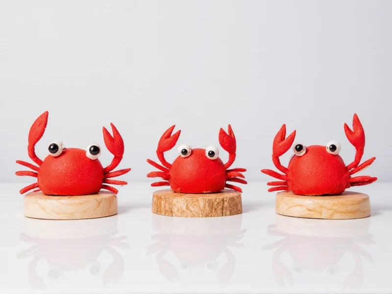 Three variations of crab crafts displayed on natural wood base