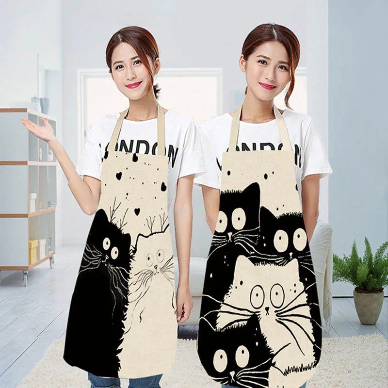 

12 Styles Cute Cartoon Cat Print Kitchen Apron Waterproof Apron Cotton Linen Wasy to Clean Home Tools